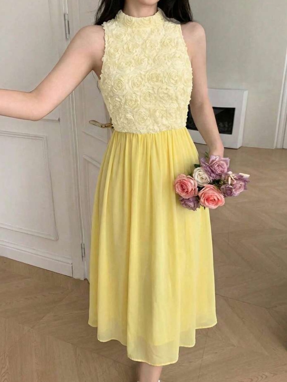Yellow Floral Appliqué Maxi Dress